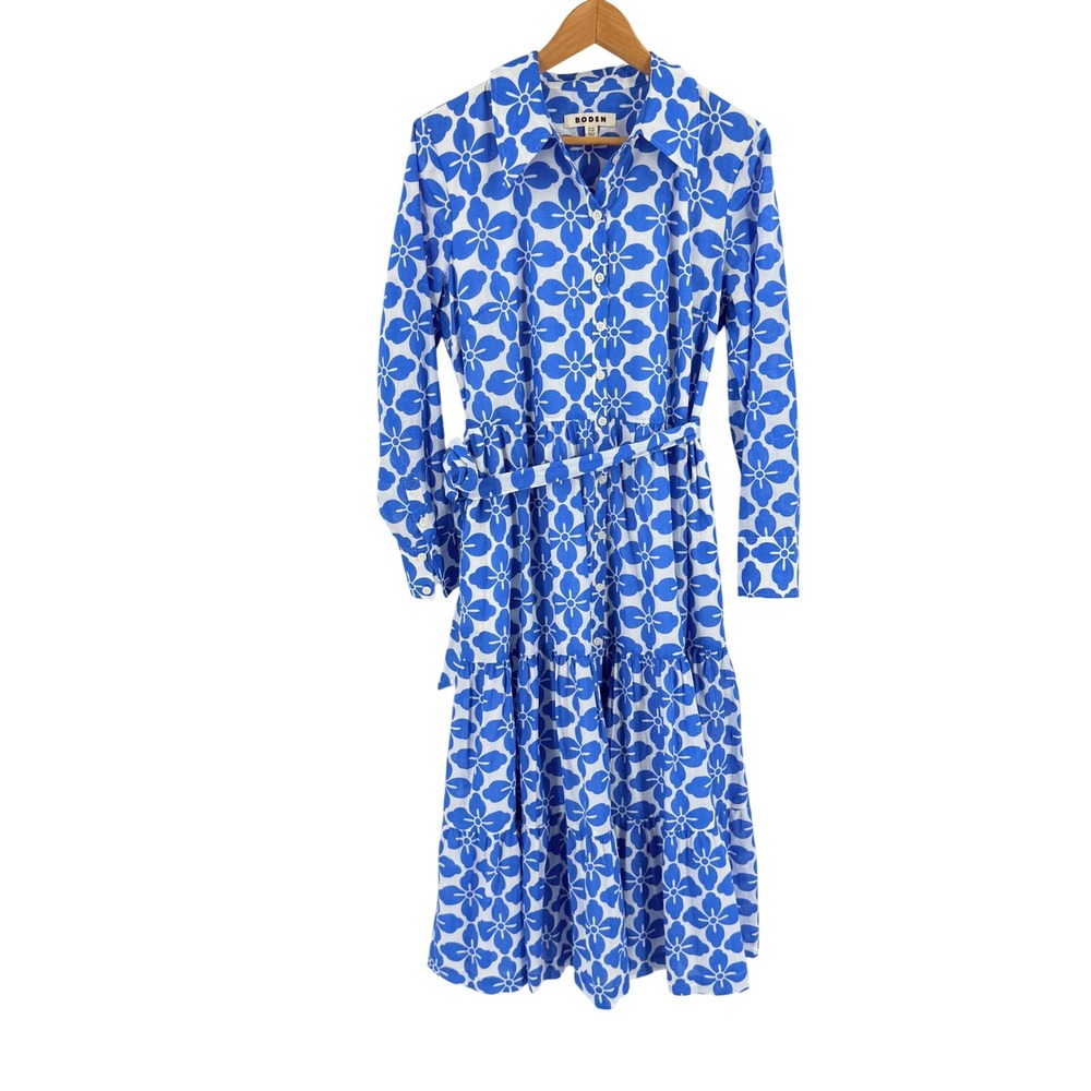 Boden Shirt Dress Blue Size 10P Floral Cotton Tiered Midi Belted Pockets